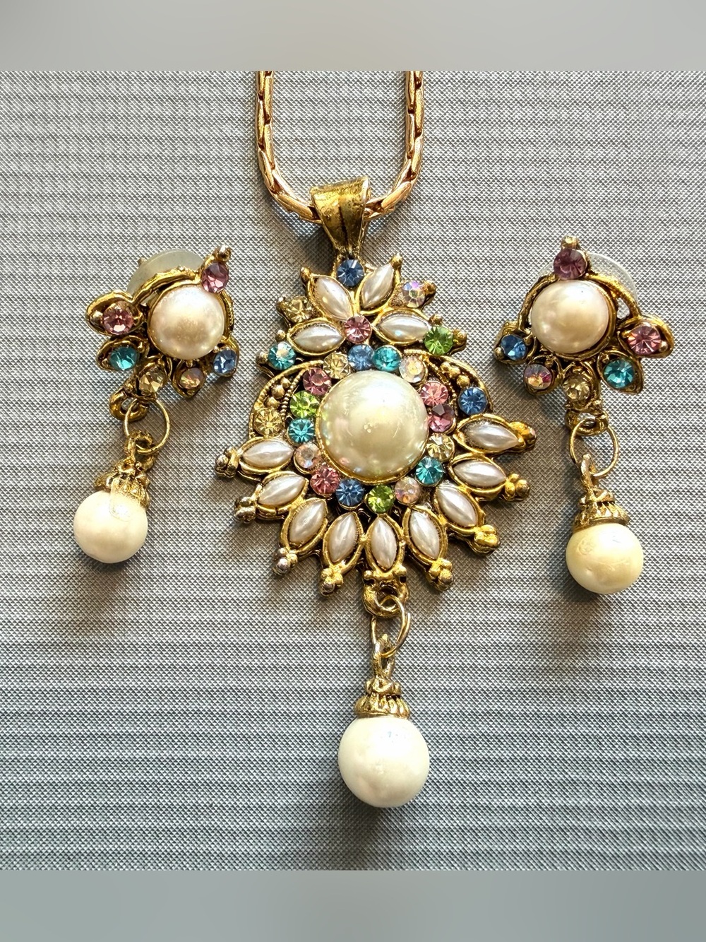 Gold-Tone Pearl & Multicolor Crystal Floral Pendant Necklace Set